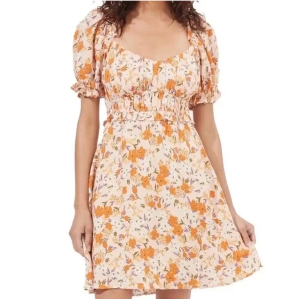 Astr Floral Puff Sleeve Wildflower Mini Dress - Orange and Cream